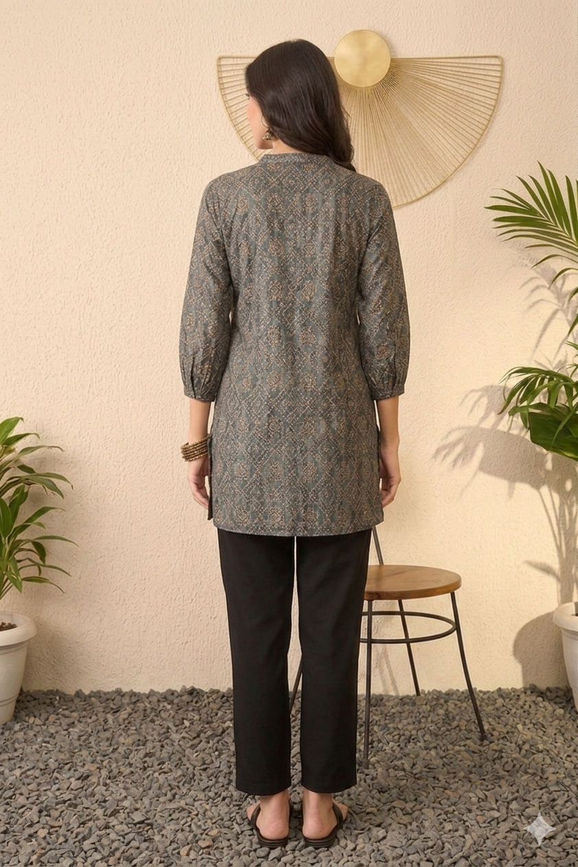 Grey Cotton Blend Ethnic Motifs Printed Regular Top