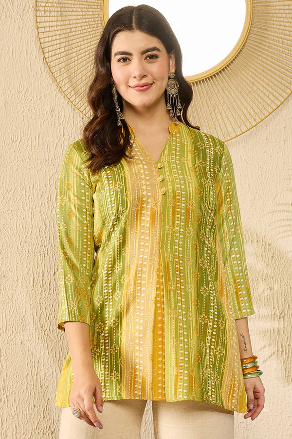 Green Rayon Blend Floral Printed Regular Top