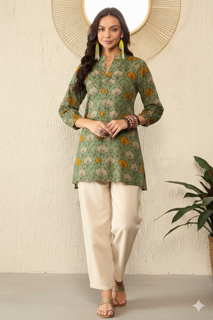 Green Cotton Blend Ethnic Motifs Printed Regular Top