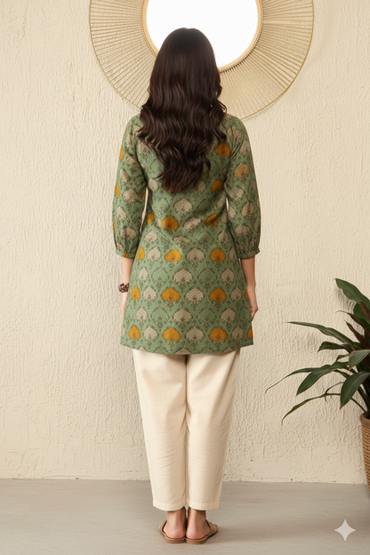 Green Cotton Blend Ethnic Motifs Printed Regular Top