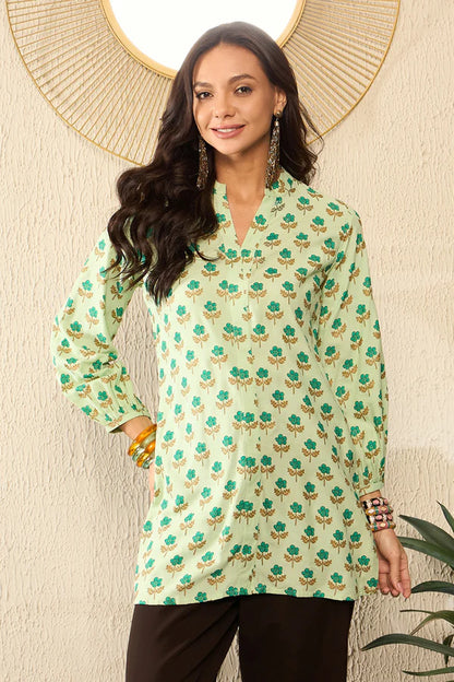Green Viscose Rayon Floral Printed Regular Top