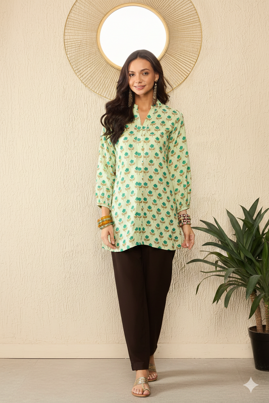 Green Viscose Rayon Floral Printed Regular Top