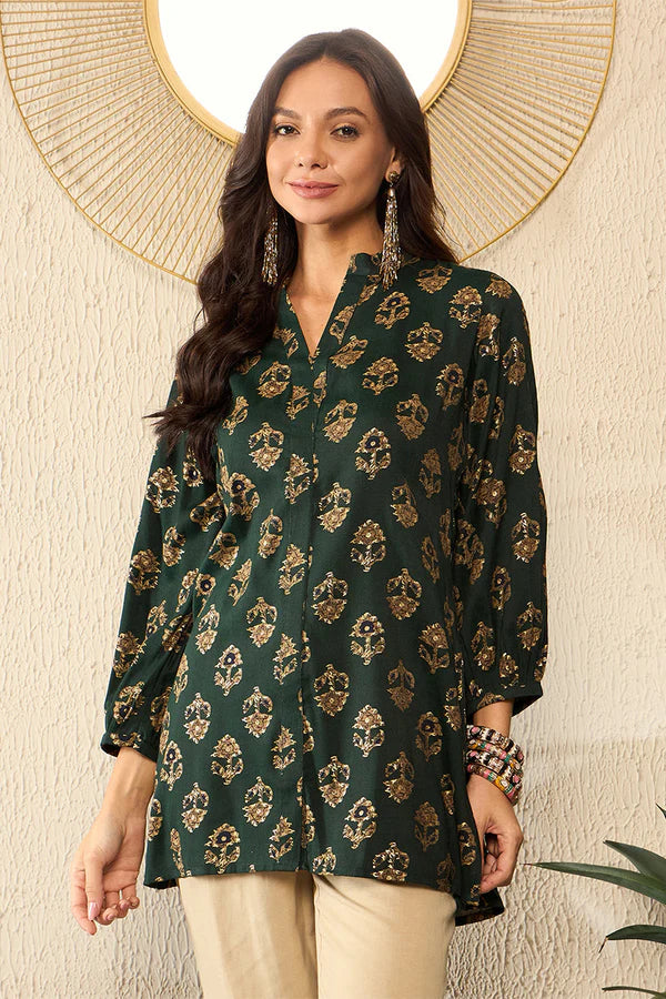 Green Cotton Blend Floral Printed Regular Top