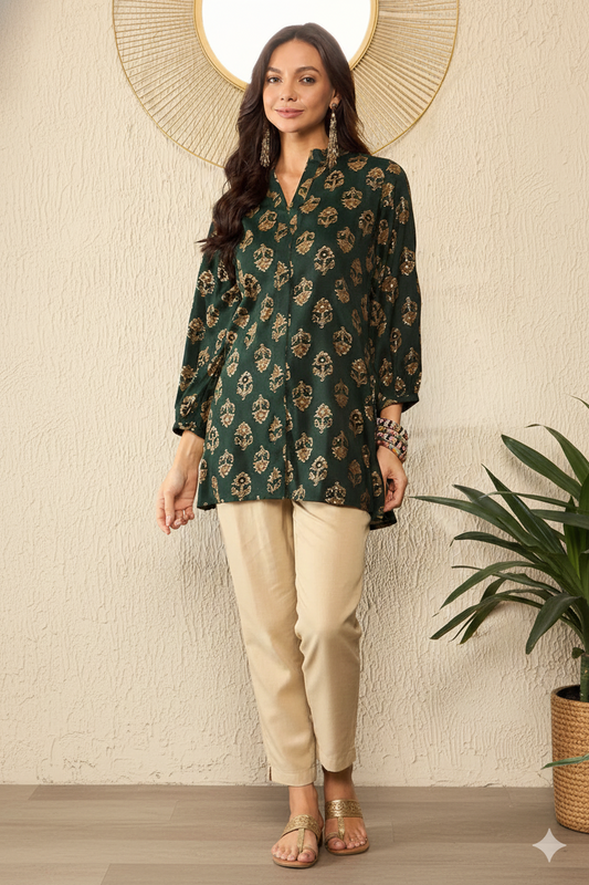 Green Cotton Blend Floral Printed Regular Top