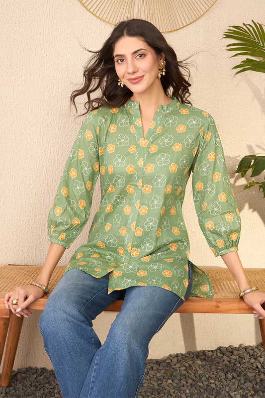 Green Cotton Blend Floral Printed Regular Top