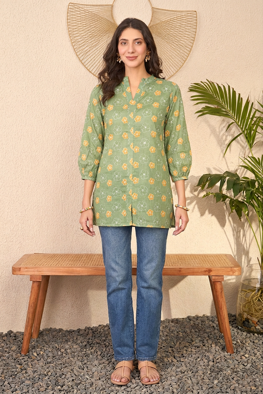 Green Cotton Blend Floral Printed Regular Top