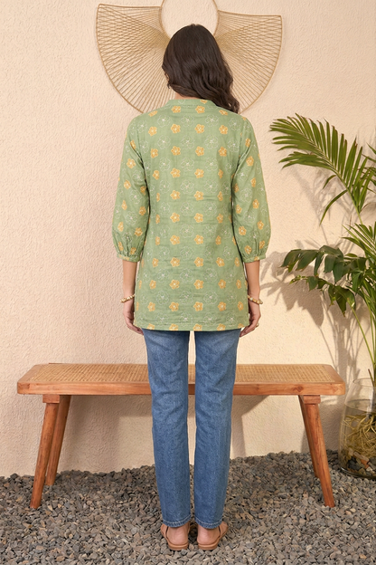 Green Cotton Blend Floral Printed Regular Top