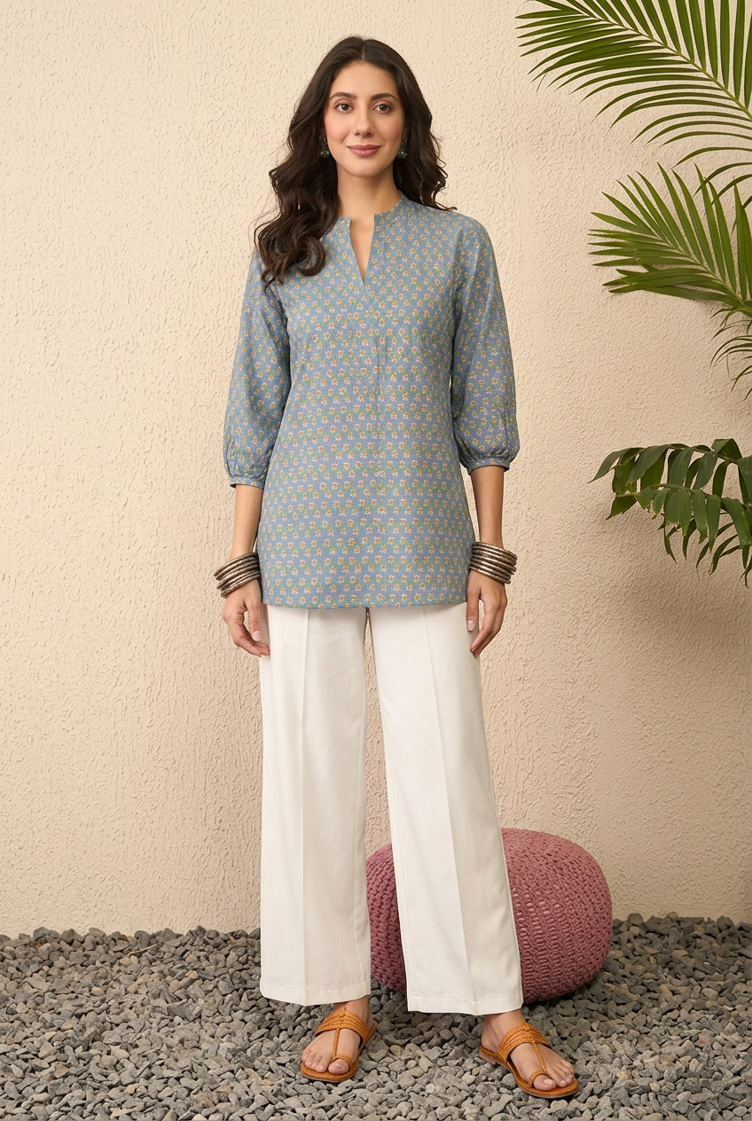 Grey Cotton Blend Floral Printed Regular Top