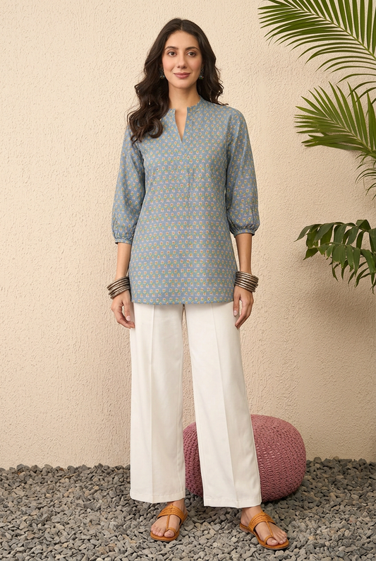 Grey Cotton Blend Floral Printed Regular Top