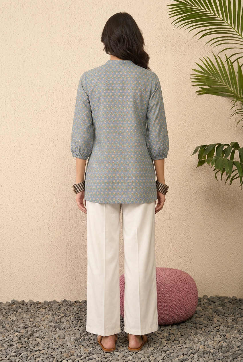 Grey Cotton Blend Floral Printed Regular Top