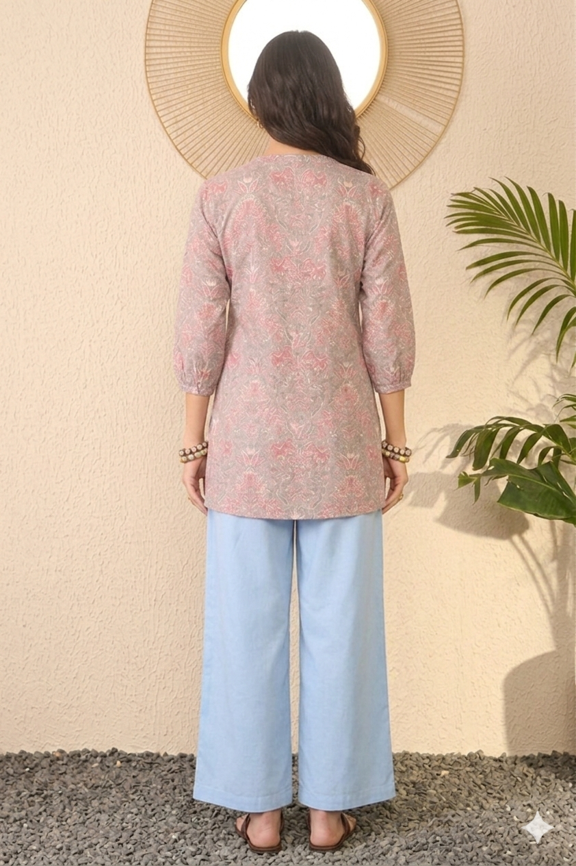 Grey & Pink Cotton Blend Floral Printed Regular Top