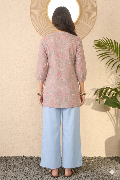 Grey & Pink Cotton Blend Floral Printed Regular Top