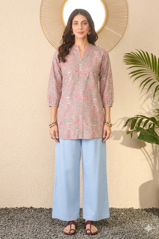 Grey & Pink Cotton Blend Floral Printed Regular Top