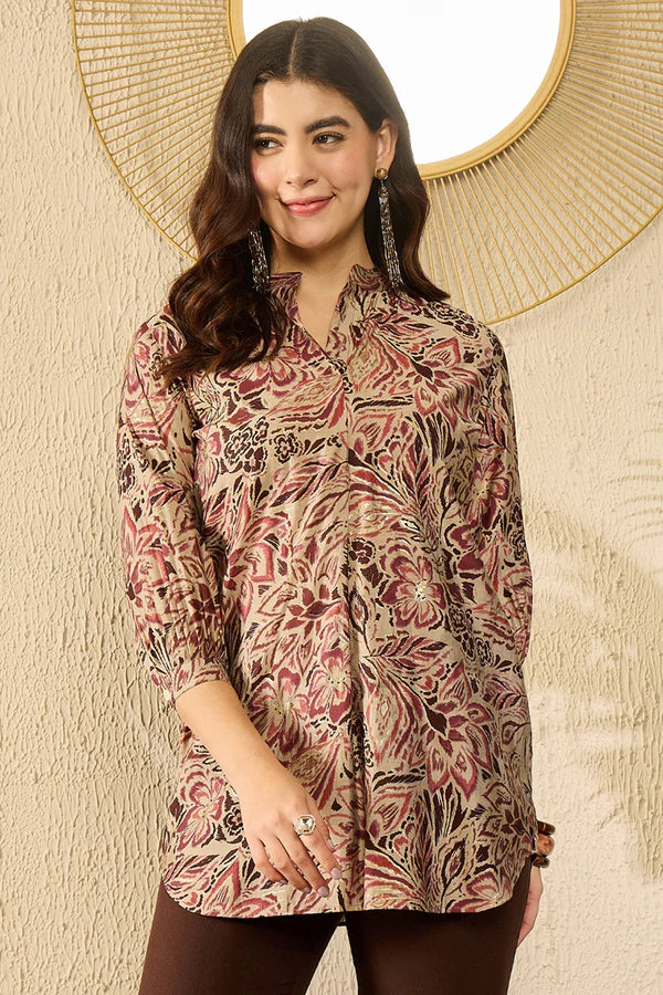 Maroon Silk Blend Floral Printed Regular Top 