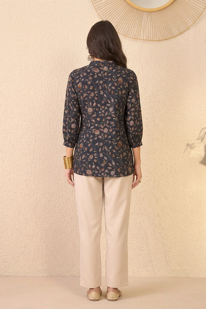 Navy Blue Cotton Blend Floral Printed Regular Top
