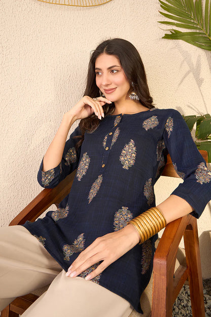 Navy Blue Cotton Blend Floral Printed Regular Top