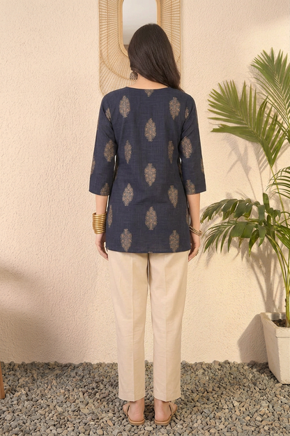 Navy Blue Cotton Blend Floral Printed Regular Top