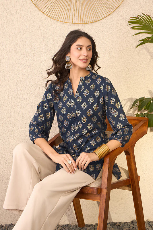 Navy Blue Cotton Blend Floral Printed Regular Top