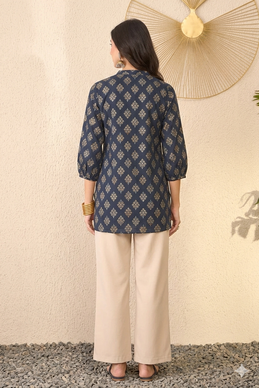 Navy Blue Cotton Blend Floral Printed Regular Top