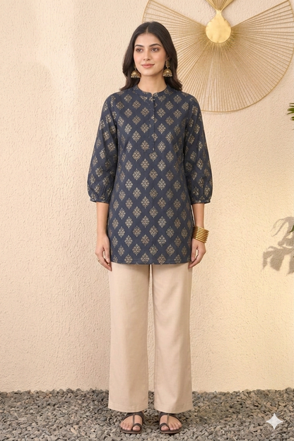 Navy Blue Cotton Blend Floral Printed Regular Top