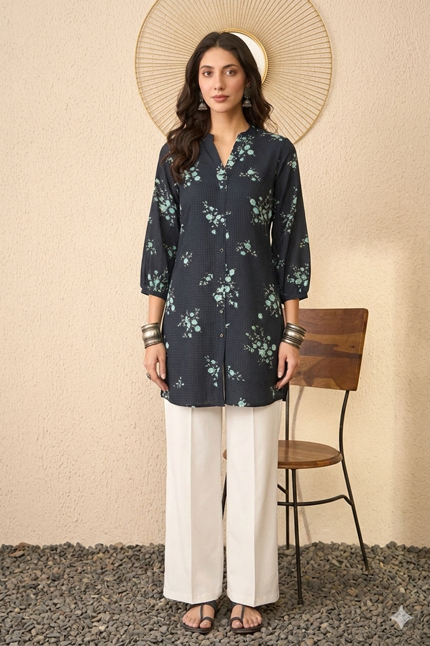 Navy Blue Rayon Blend Floral Printed Regular Top