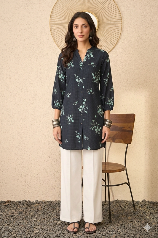 Navy Blue Rayon Blend Floral Printed Regular Top