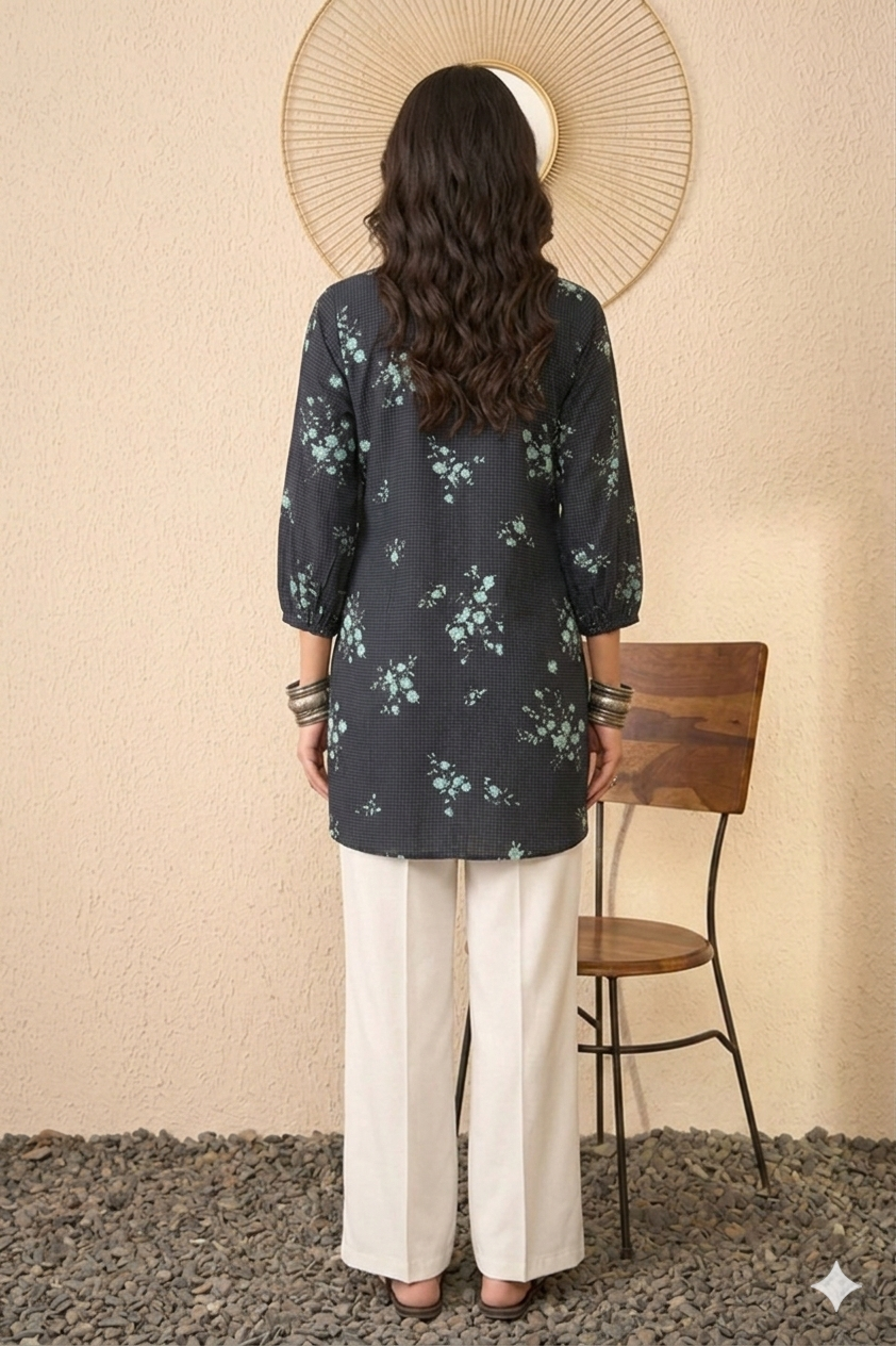 Navy Blue Rayon Blend Floral Printed Regular Top