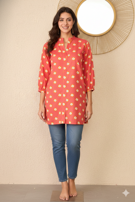 Orange Cotton Blend Shibori Printed Regular Top