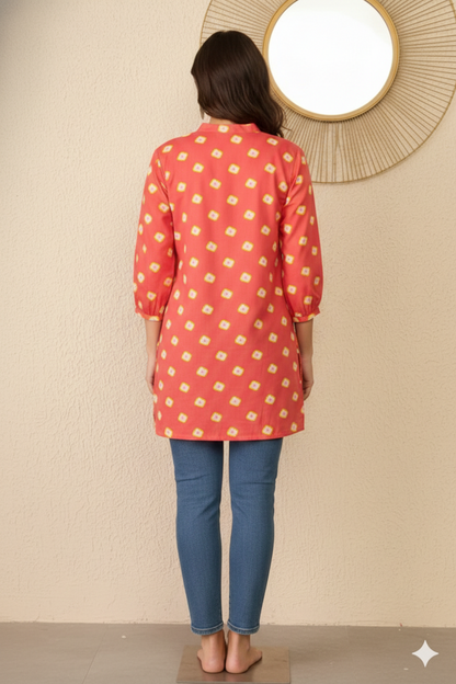 Orange Cotton Blend Shibori Printed Regular Top