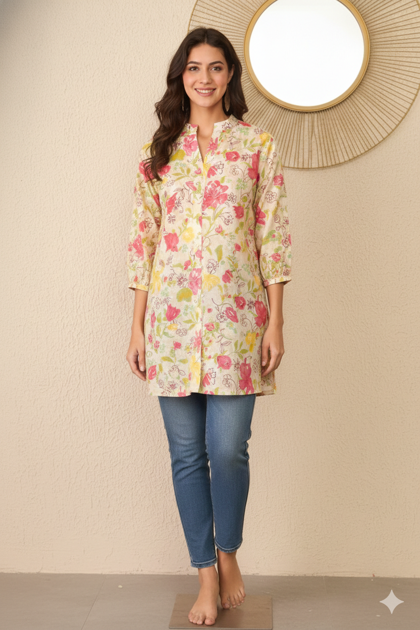 Off White Cotton Floral Printed Regular Top