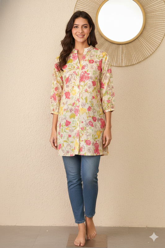 Off White Cotton Floral Printed Regular Top