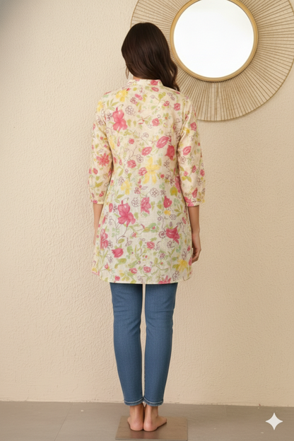 Off White Cotton Floral Printed Regular Top