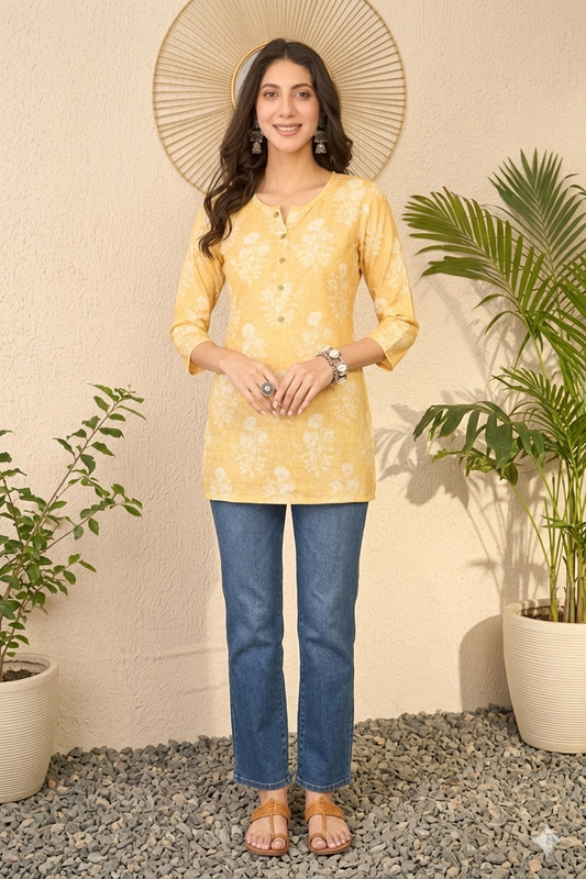 Yellow Cotton Blend Floral Printed Regular Top