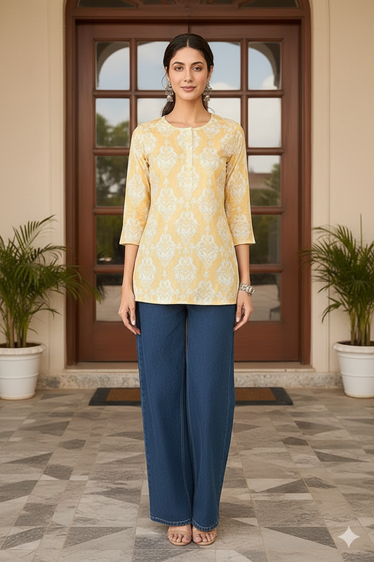 Yellow Cotton Blend Ethnic Motifs Printed Regular Top