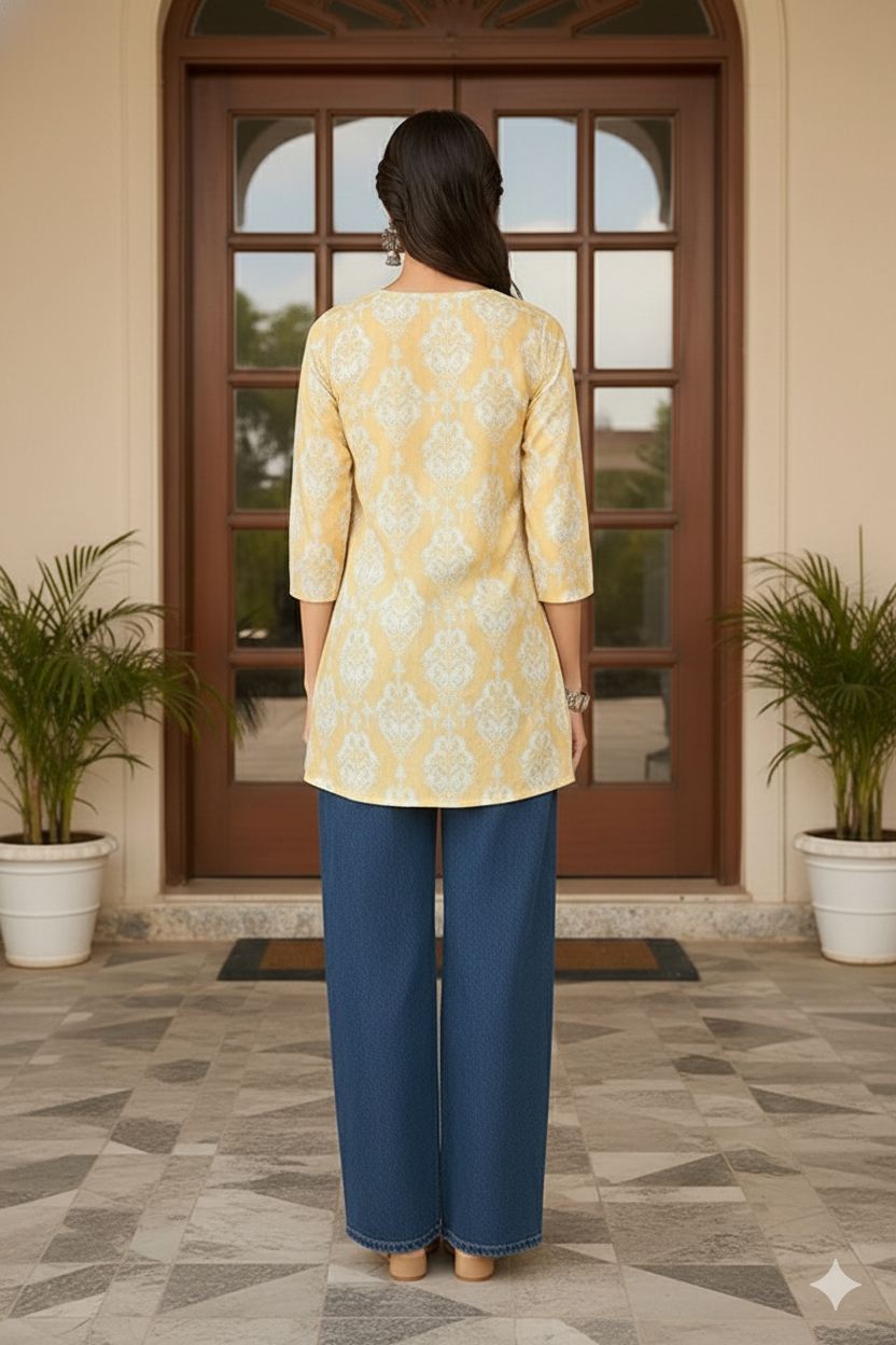 Yellow Cotton Blend Ethnic Motifs Printed Regular Top