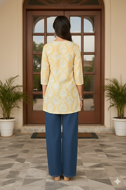Yellow Cotton Blend Ethnic Motifs Printed Regular Top