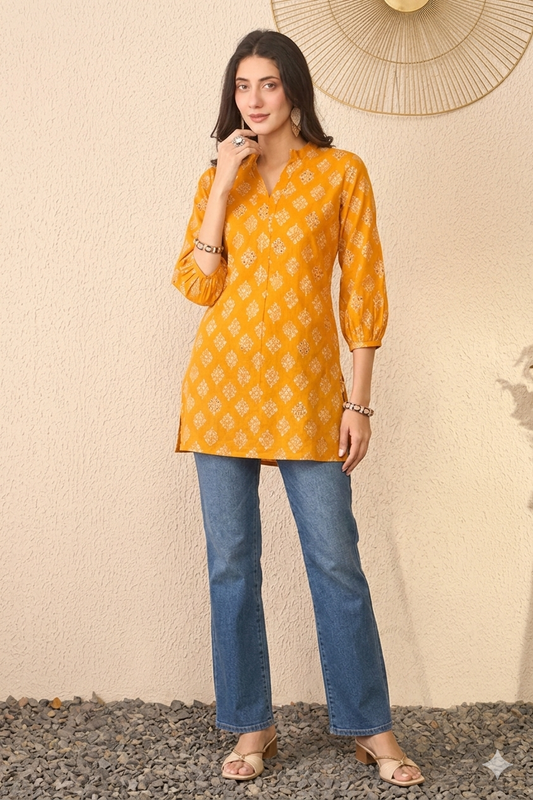Yellow Cotton Blend Floral Printed Regular Top