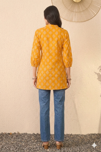 Yellow Cotton Blend Floral Printed Regular Top
