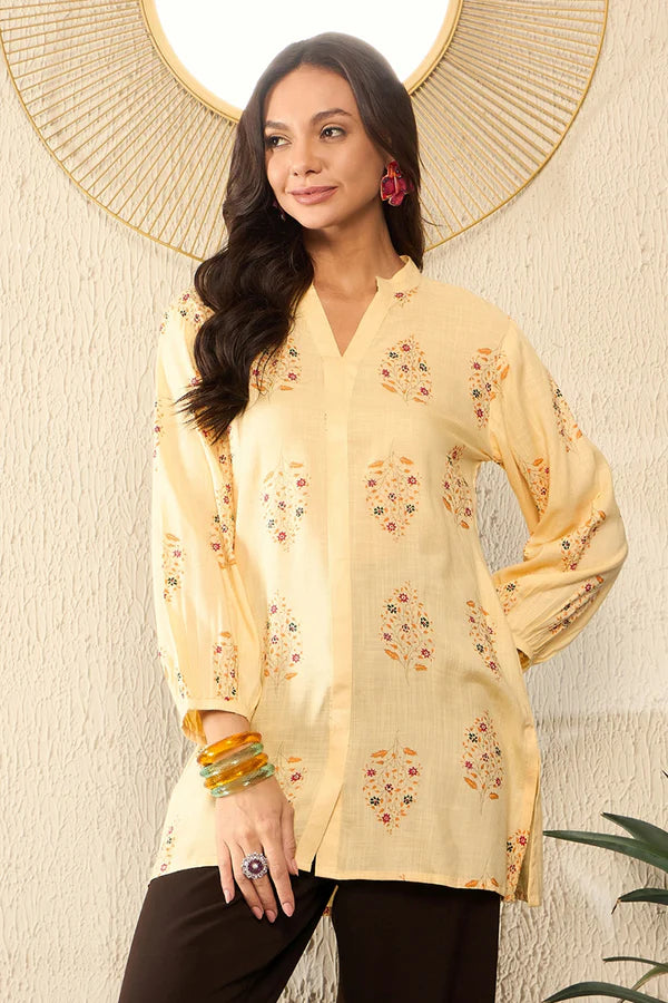 Yellow Cotton Blend Floral Printed Regular Top