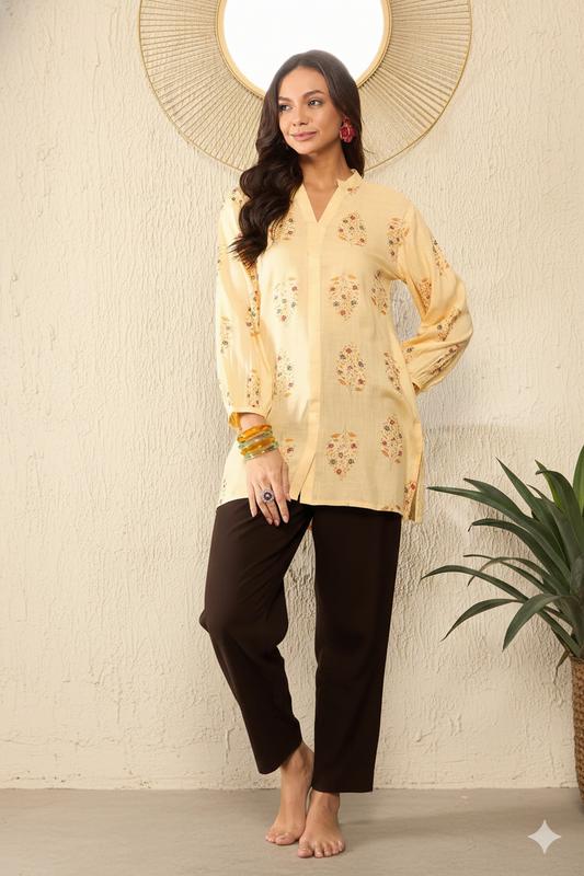 Yellow Cotton Blend Floral Printed Regular Top