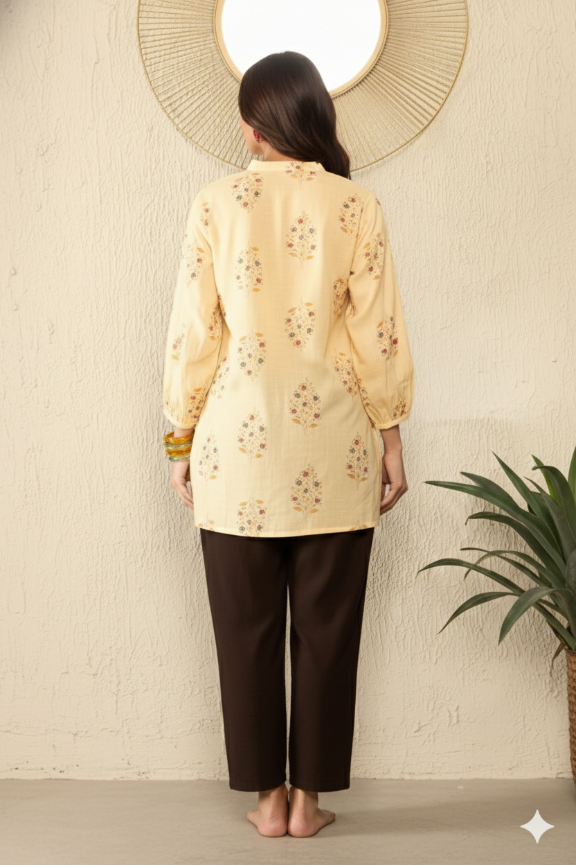 Yellow Cotton Blend Floral Printed Regular Top