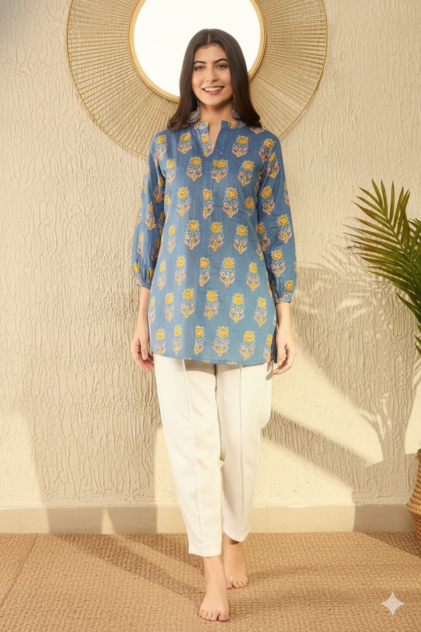 Blue Cotton Blend Floral Printed Regular Tunic