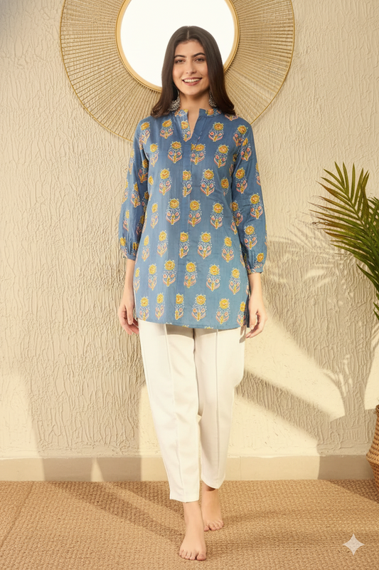 Blue Cotton Blend Floral Printed Regular Tunic