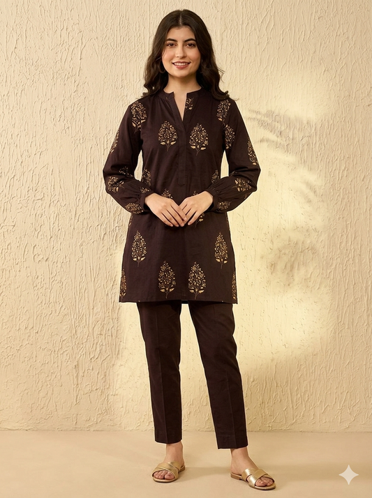 Brown Cotton Blend Ethnic Motifs Printed Regular Tunic