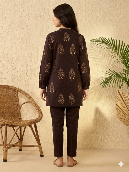 Brown Cotton Blend Ethnic Motifs Printed Regular Tunic