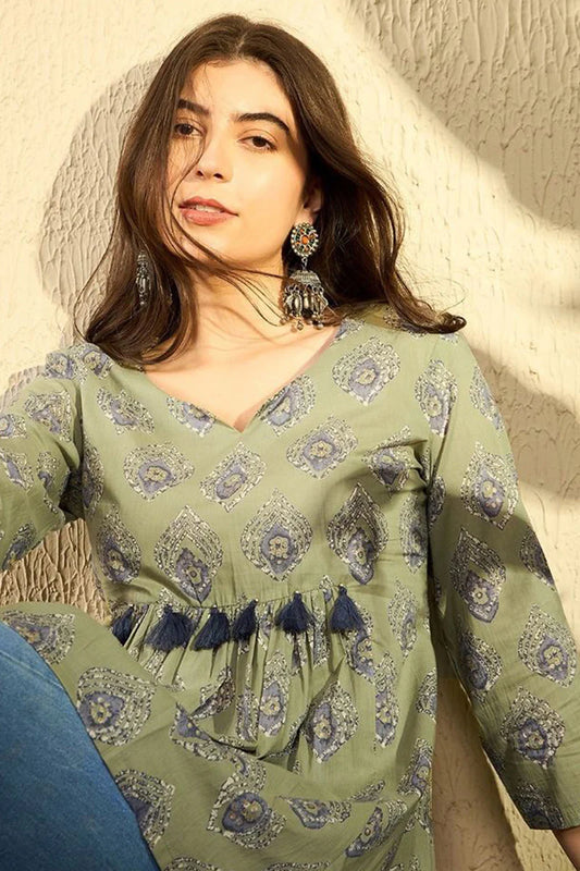Green Cotton Blend Ethnic Motifs Printed Peplum Tunic