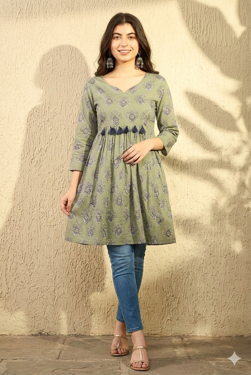 Green Cotton Blend Ethnic Motifs Printed Peplum Tunic