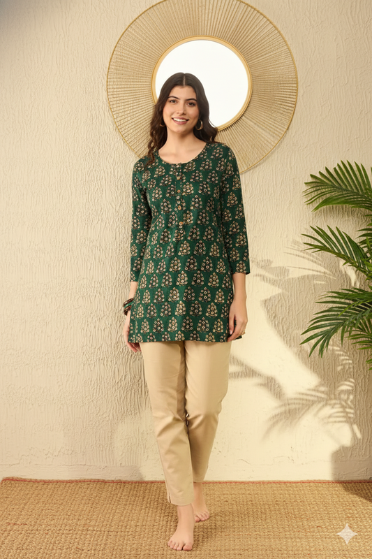 Green Cotton Blend Ethnic Motifs Printed Regular Tunic 