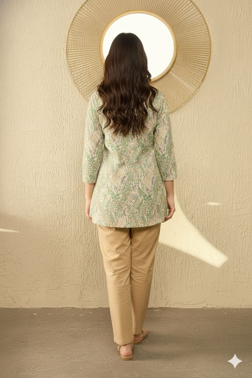 Green Cotton Blend Abstract Printed Regular Tunic