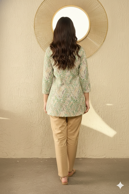 Green Cotton Blend Abstract Printed Regular Tunic